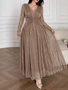 Feyla Plus Size Elegant Pleated Lace Patchwork Glitter Dress - Brown - View 3