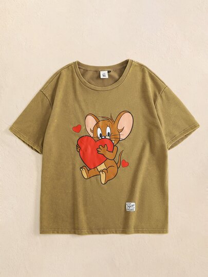 TOM & JERRY X SHEIN Camiseta Casual Feminina de Manga Curta com Gola Redonda e Estampa de Desenho Animado