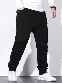 Manfinity Homme Men's Pure Black Straight Leg Jeans, Plus Size Casual Basic Denim Pants - Black - View 1