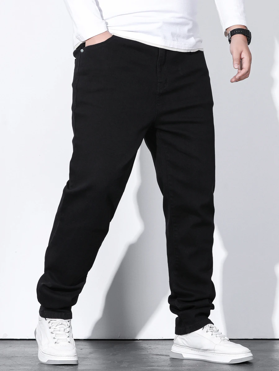 Manfinity Homme Men's Pure Black Straight Leg Jeans, Plus Size Casual Basic Denim Pants - Black - View 1