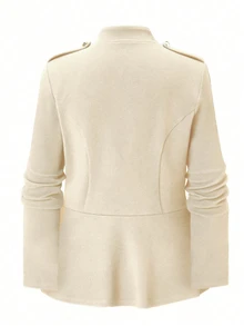 Rometta Women's Plus Size Spring/Autumn Casual Dressy Elegant Commute Office Formal Stand Collar Shoulder Epaulette Beige Button Ruffle Hem Jacket - Apricot - View 3