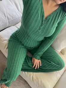 Dazy Plus Casual Slouchy Bright Green Fitted Top & Pants 2-Piece Set, Spring/Autumn New Pajama Set - Green - View 6