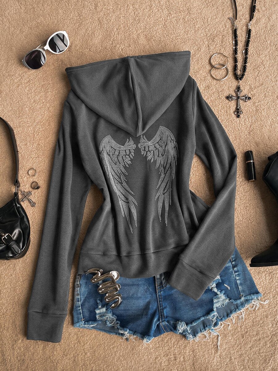 Attitoon Women's Wing Pattern Casual Daily Hooded Sweatshirt - Dark Grey - View 1