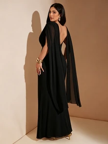 SHEIN BAE CURVE فستان أنيق للنساء بمقاسات كبيرة مع ربطة كشكشة وحافة ذيل سمكة مطوية - الأسود - مشاهدة 2