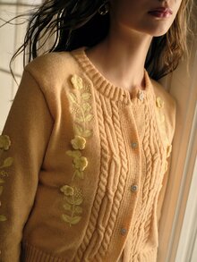 MOTF PREMIUM AUTUMN/WINTER MORI STYLE GENTLE HEAVY EMBROIDERY 3D FLORAL RHINESTONE BUTTON ROUND NECK SHORT CABLE KNIT CARDIGAN FOR WOMEN, ORANGE - Yellow - View 2