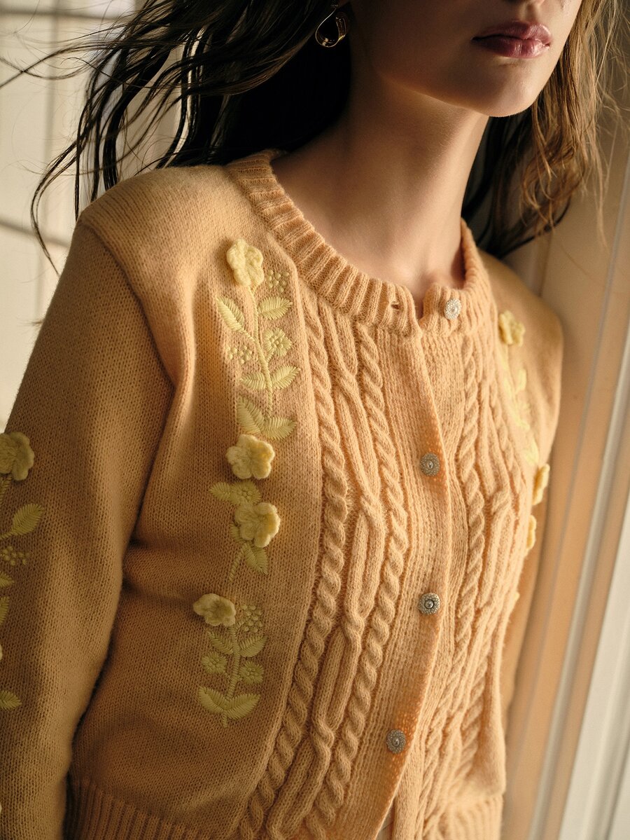 MOTF PREMIUM AUTUMN/WINTER MORI STYLE GENTLE HEAVY EMBROIDERY 3D FLORAL RHINESTONE BUTTON ROUND NECK SHORT CABLE KNIT CARDIGAN FOR WOMEN, ORANGE - Yellow - View 2