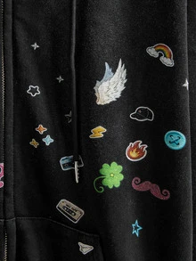 ROMWE Street Life Punk Street Y2K Sticker Print Vintage Washed Loose Fit Open Front Hooded Sweatshirt - Grey - View 4