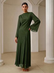 ZEYLAH Asymmetrical Fitted Diagonal Cut Long Dress With Oversized Sleeves, Spring - Army Green - View 6