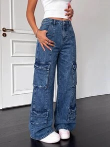 Teen Girl Pocket Button Casual Daily Wear Cargo Denim Jeans - Medium Wash - View 5