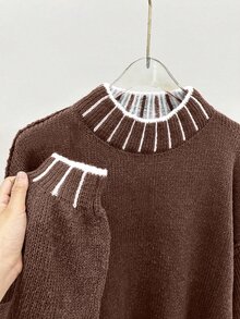 SHEIN LUNE 女款拼色休閒百搭日常穿著長袖針織衫 - 咖啡棕 - 查看 5