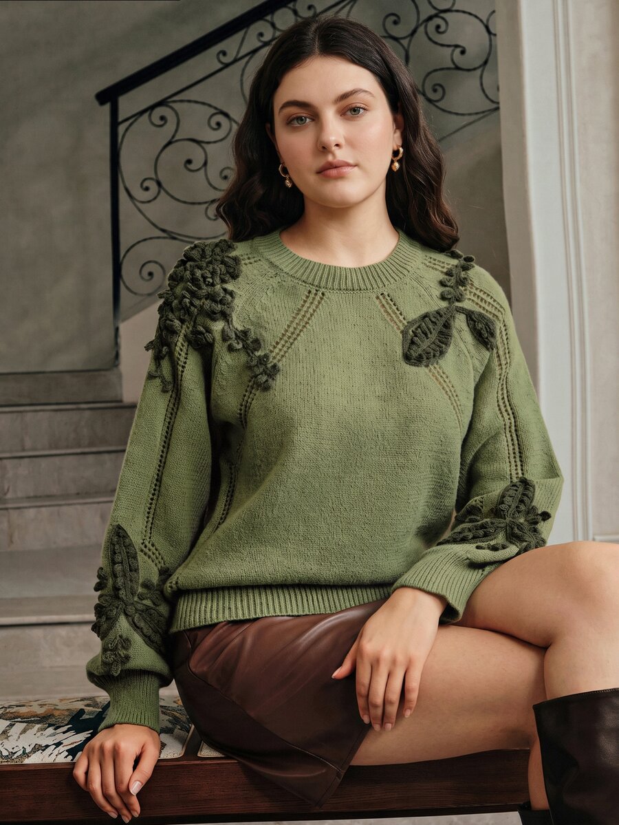 Anewsta Plus Size Vintage 3D Embroidered Vacation Pullover Sweater - Army Green - View 1