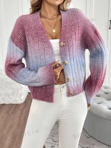 SHEIN LUNE 毛絨混紡漸層開襟衫 - 中紫紅色 - 查看 1