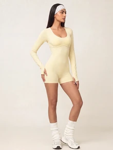 SHEIN BAE 女款純色休閒日常旅行運動連身褲 - Butter Yellow - 查看 5