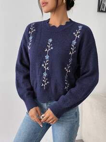 SHEIN 白色蕾絲領寬鬆刺繡秋冬毛衣 - 藏蓝色 - 查看 4