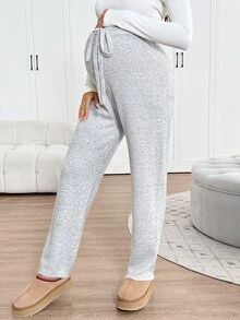 SHEIN Celana Panjang Rajut Kasual Serbaguna dengan Ikat Pinggang Warna Polos untuk Ibu Hamil - Grey - View 4