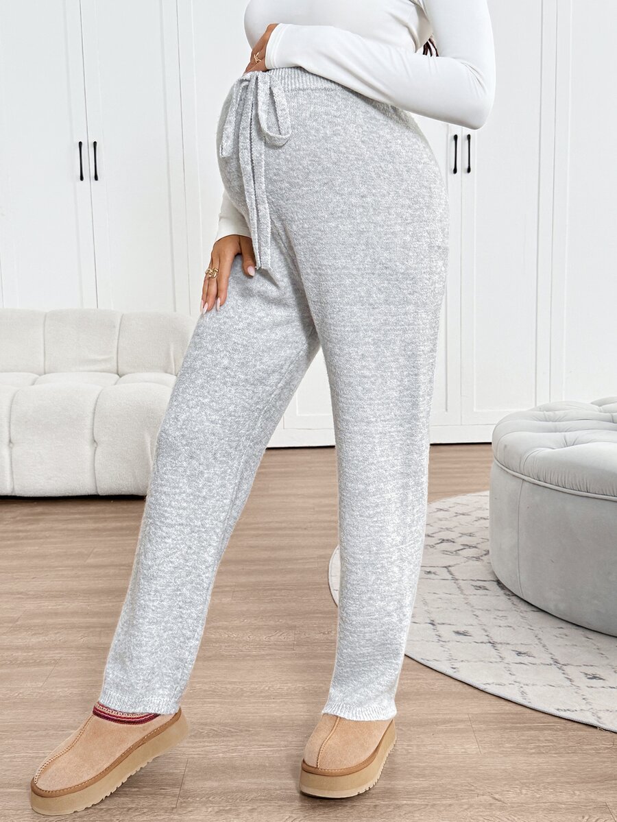 SHEIN Maternity Solid Color Waist Tie Casual Versatile Knit Long Pants - Grey - View 1