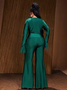 Maweii Plus Size Women Sexy Cowl Neck Top And Flare Leg Pants Set Fall - Dark Green - View 6