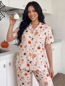 ZzzCrew Plus Size Striped Pajama Set With Collared Button-Front Puff Crinkle Halloween Print Short Sleeve Top And Long Pants - Multicolor - View 3