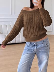 SHEIN كنزة صوفية مخططة كاجوال للفتيات المراهقات، بسيطة & عصرية، مناسبة للارتداء اليومي، الخريف، الشتاء - بني - مشاهدة 5