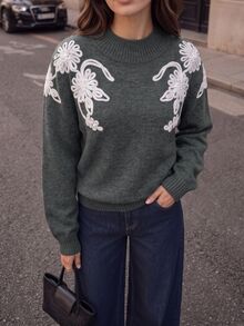 Velvienne Women's Autumn/Winter New Plus Size Crew Neck Embroidered Unique Design French Lazy Style Casual Versatile Date Commute Fitted Long Sleeve Knit Pullover Sweater - Grey - View 5