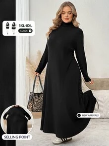 SHEIN CURVE+ Women's Plus Size Autumn/Winter Knit Ribbed Turtleneck Long Sleeve A-Line Dress 8XL Fall - Black - View 5