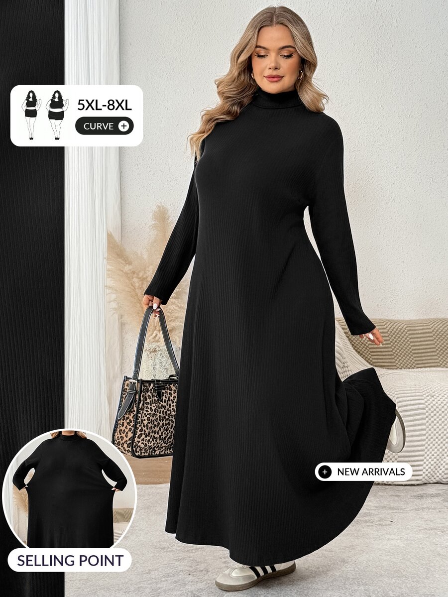 SHEIN CURVE+ Women's Plus Size Autumn/Winter Knit Ribbed Turtleneck Long Sleeve A-Line Dress 8XL Fall - Black - View 1