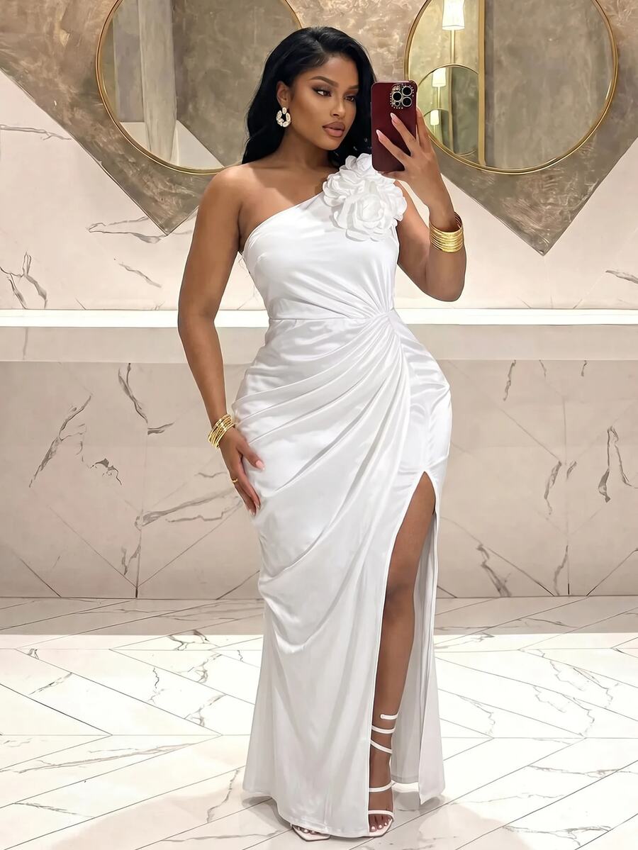 Slaydiva Plus Size Wedding Dress White Elegant One Shoulder Spaghetti Strap 3D Floral Ruched High Slit Dress