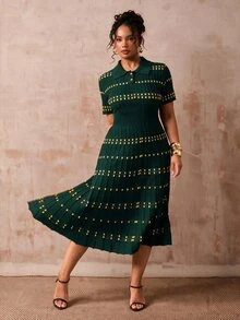 Veslaya Plus Size Women's Colorblock Casual Everyday Knit Dress - Dark Green - View 5