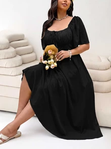 Solflare Spring/Summer Vacation Short Sleeve Plus Size Women Solid Color Front Tie Dress - Black - View 1