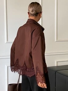 DAZY Blus Wanita Lengan Panjang Longgar dengan Hiasan Renda Kontras, Kasual untuk Liburan Musim Semi dan Gugur - Coklat - View 5