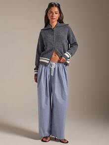 Athîral Soft Knit Contrast Stripe Wide Collar Long Sleeve Gray Loose Casual Preppy Zip-Up Cardigan For Women,Fall Winter,Back To School, Daily,Going Out - Grey - View 2