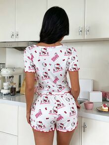 ZzzCrew HELLO KITTY AND FRIENDS | SHEIN Women's Fitted Heart Print Button Bow Decor Round Neck Short Sleeve Top And Shorts Pajama Set - White - View 2