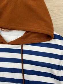 Resyla Fashion Casual Basic Hooded Long Sleeve Brown & Blue White Striped Colorblock Women's Sweatshirt - Multicolor - View 3