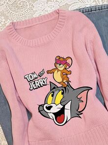 TOM & JERRY X SHEIN SHEIN EZwear 大尺碼女款卡通印花休閒日常長袖針織衫 - 彩色 - 查看 5