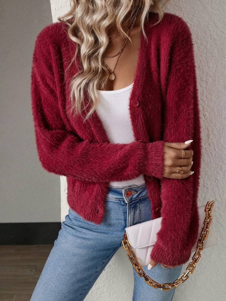 SHEIN Women's Solid Color Casual Versatile Daily Wear Cardigan - Red Violet - View 1