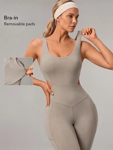 OutZeal Women Sports Jumpsuit Gym Workout Soft Stretch Bra-In Back Cut-Out Flared Leg One-Piece - Khaki - View 3
