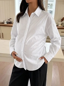 Dazy Maternity Solid Color Fitted Pleated Long Sleeve White Shirt Casual Korean Style Spring/Autumn Maternity Top - White - View 1