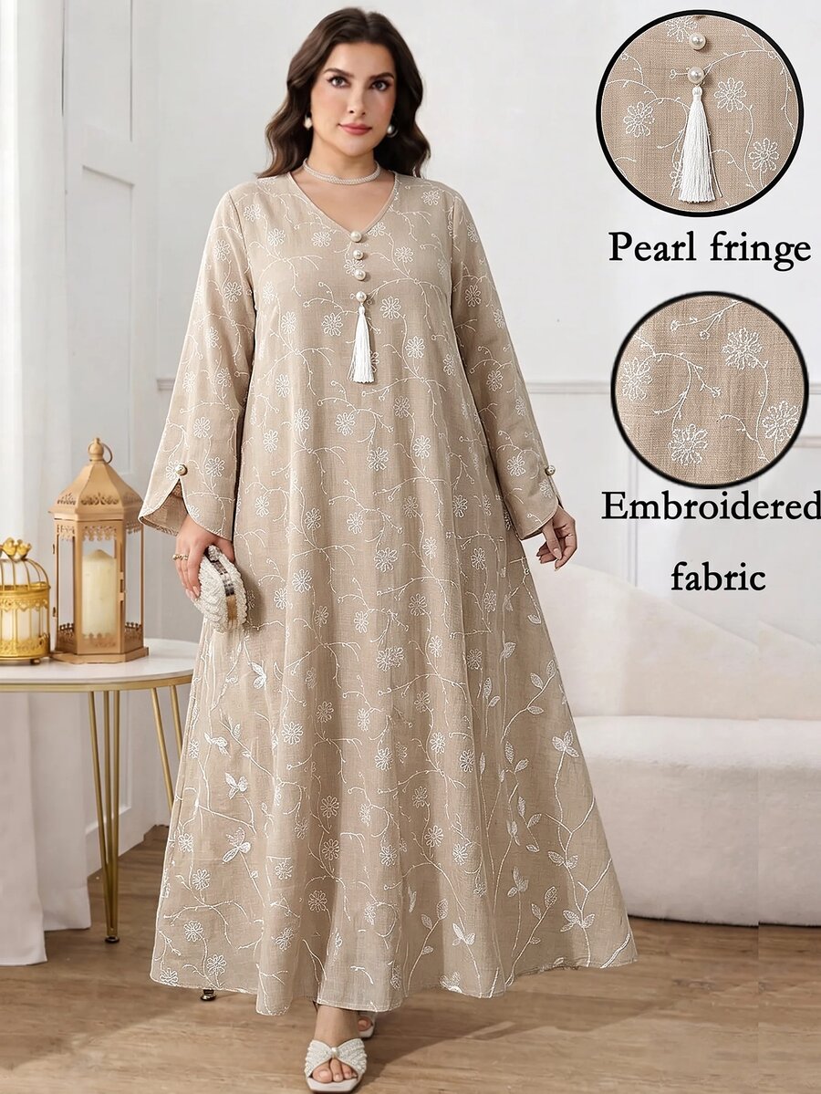Al Najma Plus Size Women's Floral Embroidered Tassel Design Long Sleeve Elegant Arabian Dress - Khaki - View 1