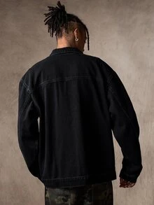 ROMWE MEN Street Life Personalized Fashionable Retro Metal Airplane Buckle Casual Versatile Men's Denim Jacket - Black - View 3