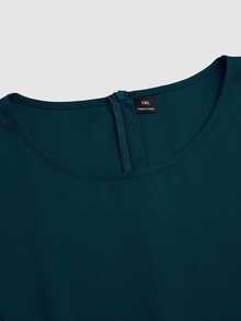 Auvina Vestido Feminino Plus Size de Verão, Cor Sólida, Minimalista, Gola Redonda, Manga Curta, Linha A, Plissado, Patchwork, Bolso, Cintura Marcada, Vintage, Elegante, Casual, Comprimento Médio - Verde - Visão 8