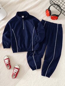 SHEIN 兒童男童2件套休閒長袖立領裝飾半拉鍊秋冬夾克與彈性腰長褲套裝，抓絨加厚 - 藏蓝色 - 查看 2