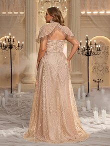 Glamrae Plus Size Elegant Luxurious Champagne Sequin Embroidered Shawl Tassel Computer Beaded Fitted A-Line Heavy Work Evening Gown Suitable For All Formal Occasions - Champagne - View 3