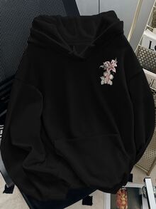 Resyla 女款花卉印花休閒落肩衛衣 - 黑色 - 查看 2