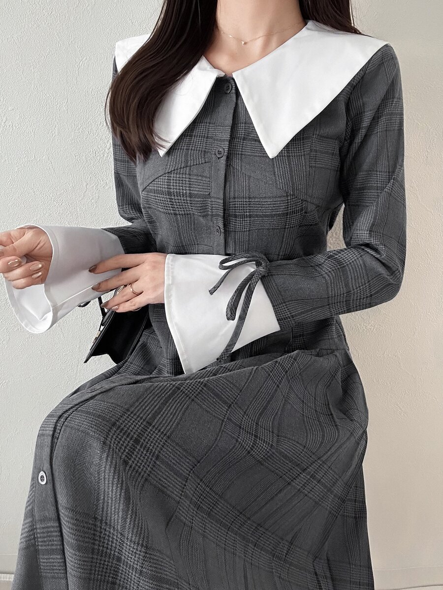 FRIFUL Women's Colorblock Plaid Casual Daily Summer Long Dress - Black and White - View 1