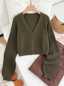 SHEIN EZwear 大尺碼女款純色落肩長袖單排扣針織開襟衫 - 橄欖綠 - 查看 7