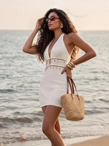 CAJUNI Women's Sexy Deep V Halter Mini Dress With Starfish Trim For Vacation - Beige - View 3