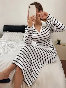 Napfluff Women's Casual Knit Collared Striped Long Sleeve Nightgown - Black and White - View 3