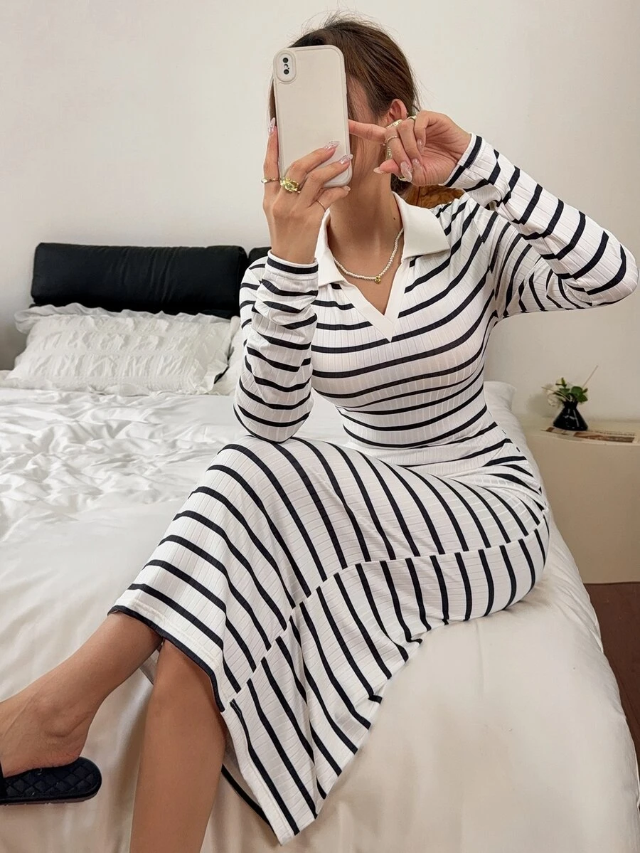Napfluff Women's Casual Knit Collared Striped Long Sleeve Nightgown - Black and White - View 1