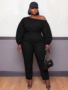 Slaydiva Plus Size Jumpsuit, Black Off Shoulder Puff Sleeve High Waist Slim Fit Romper - Black - View 8