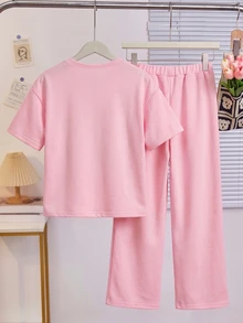 SHEIN Casuvi 女童服飾 2件套，蝴蝶結裝飾，側邊設計，可愛，聖誕節，返校季 - 粉色 - 查看 4